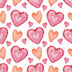 Fototapeta na wymiar Watercolor seamless patterns, decorative hearts for the holiday Valentine's Day.