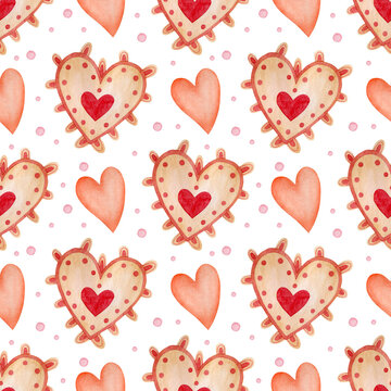 Watercolor seamless patterns, decorative hearts for the holiday Valentine's Day.