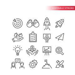Business startup line vector icon set. Growth, start up development and launch icons. Outline, editable stroke.