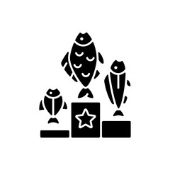Fishing tournament black glyph icon. Sport competition. Fishers contest. Pedestal with fish. Trophy fishing. Spinning. Silhouette symbol on white space. Vector isolated illustration
