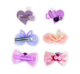 Pin set beauty trendy accessories hair pearl clip on white background. Top view. Copy space fot text.