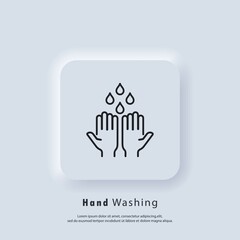 Wash hands icon. Wash hands with soap icon. Health care concept. Healthcare wash hands with rinse water, tap, soap safety. Vector. UI icon. Neumorphic UI UX white user interface web button.