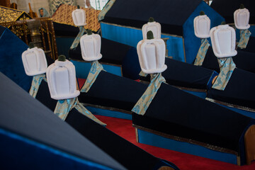 Rows of coffins in ottoman mausoleum tomb