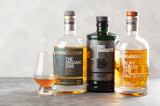 Trondheim, Norway - May 20 2020: Bruichladdich single malt scotch whisky three bottles and glass