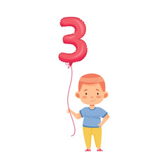 Standing Boy Holding Red Number Shaped Balloon by the String Vector Illustration