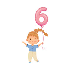 Girl with Braid Holding Lilac Number Shaped Balloon by the String Vector Illustration