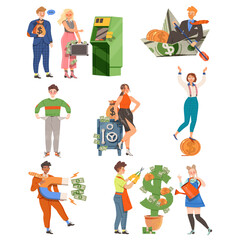 People with Money Coins and Dollar Banknotes as Financial Success Gaining Vector Illustration Set