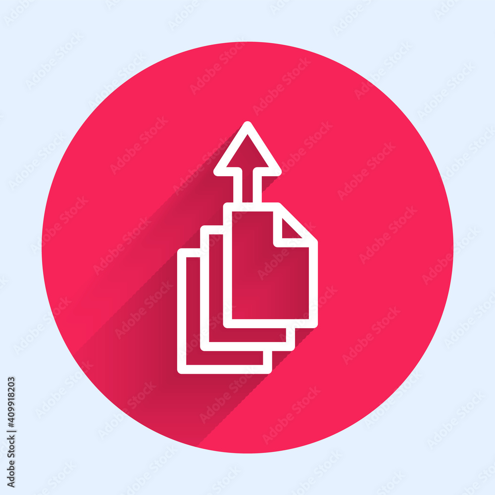 Poster white line data export icon isolated with long shadow background. red circle button. vector.