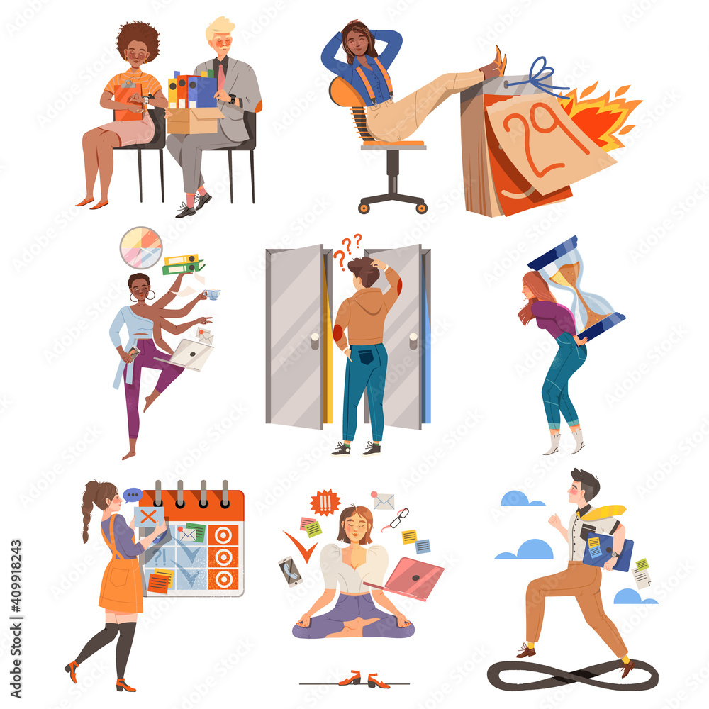 Poster time management with people characters multitasking and organizing their time vector illustration se