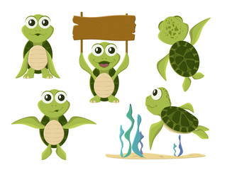 Cartoon vector turtle in various action poses. Cartoon turtle. Cute tortoise wild animal vector characters isolated.