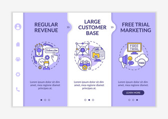 Software as service pluses for developers onboarding vector template. Large customer base. Constant income. Responsive mobile website with icons. Webpage walkthrough step screens. RGB color concept