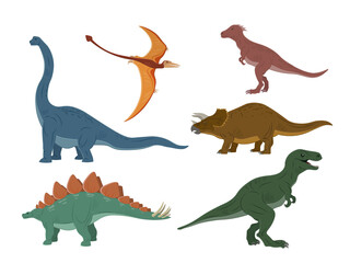 Different type of dinosaurs illustration. Dinosaurs cartoon character. Brachiosaurus, pterodactyl, tyrannosaurus rex, dinosaur skeleton, triceratops stegosaurus