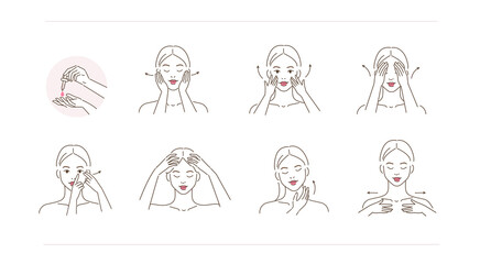 Beauty Girl Take Care of her Face and Applying Cosmetic Serum Oil. Woman Making Facial Massage by Lines. Skin Care Routine, Hygiene and Moisturizing Concept. Flat Vector Illustration and Icons set.