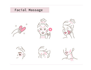 Fototapeta Beauty Girl Take Care of her Face and Use Facial Jade Stone for Gua Sha Massage. Woman Making Skincare Procedures. Skin Care Facial Massage and Relaxation Concept. Flat Vector Illustration and Icons. obraz
