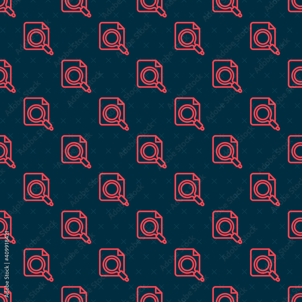 Poster red line search concept with folder icon isolated seamless pattern on black background. magnifying g