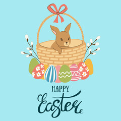 Postcard with a rabbit in a basket in delicate colors. Vector illustration with the inscription Happy Easter.