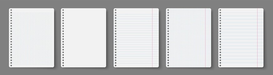 Notebook line squared dot. Diary template. Notepad empty page set. Vector blank white list mock up.
