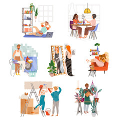 People Characters Spending Weekend at Home Vector Illustration Set