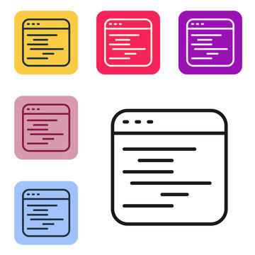 Black line Software, web developer programming code icon isolated on white background. Javascript computer script random parts of program code. Set icons in color square buttons. Vector.