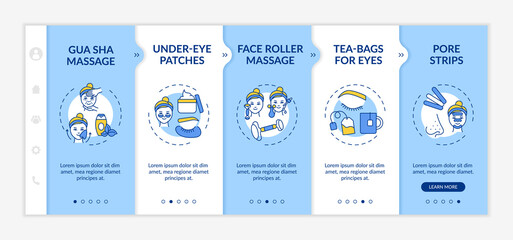 At-home facial treatment procedures onboarding vector template. Under-eye patches. Tea-bags for eyes. Responsive mobile website with icons. Webpage walkthrough step screens. RGB color concept