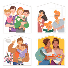 Father, Mother and Kids Standing Together Vector Illustration Set