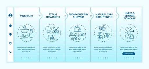 At-home spa routine onboarding vector template. Steam treatment. Natural skin brightening. Elbows skincare. Responsive mobile website with icons. Webpage walkthrough step screens. RGB color concept