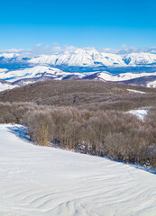 Fototapeta premium Mount Autore Livata (Subiaco, Italy) - The snow capped peaks mountains in the province of Roma, Lazio region, in Simbruini mounts. Here a beautiful white landscape.