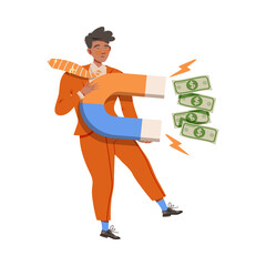 Freckled Man Attracting Dollar Banknotes with Magnet Vector Illustration