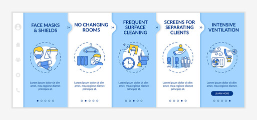 Beauty salon safety during pandemic onboarding vector template. Face masks. Frequent surface cleaning. Responsive mobile website with icons. Webpage walkthrough step screens. RGB color concept