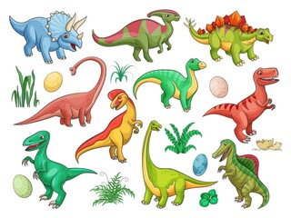 Dinosaur cartoon vector characters with cute baby dino animals and eggs. Funny triceratops, stegosaurus and raptor, brontosaurus, t-rex, spinosaurus and tyrannosaurus, brachiosaurus and dilophosaurus