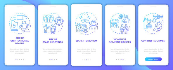 Risk of shooting dark blue onboarding mobile app page screen with concepts. Gun control and regulation walkthrough 5 steps graphic instructions. UI vector template with RGB color illustrations