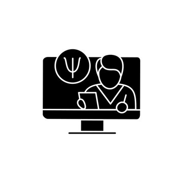 Telepsychiatry Glyth Icon. Telehealth Medical Care. Virtual Psychiatrist Consultation. Telemedicine, Health Care Concept. Online Medicine, Psychotherapy. Isolated Silhouette Vector Illustration