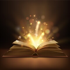 Open book with magic lights realistic vector design. Fantasy or fairy tale book, Bible or wizard spellbook with bright glowing pages, shining sparkles and bokeh, education, Christmas, Halloween themes - obrazy, fototapety, plakaty