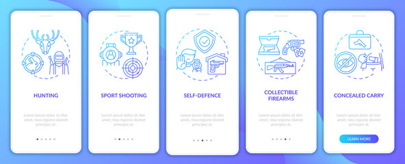 Guns for hobby dark blue onboarding mobile app page screen with concepts. Self defense. Weapon control walkthrough 5 steps graphic instructions. UI vector template with RGB color illustrations