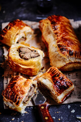 Chicken liver puff pastry hands pie .style rustic.