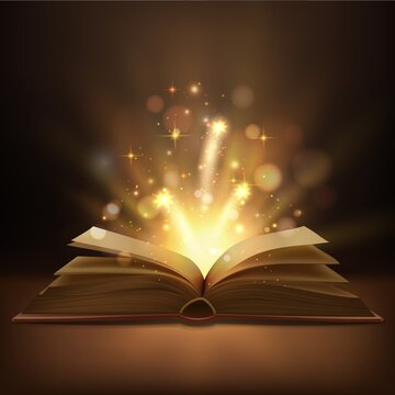 Open book with magic lights realistic vector design. Fantasy or fairy tale book, Bible or wizard spellbook with bright glowing pages, shining sparkles and bokeh, education, Christmas, Halloween themes