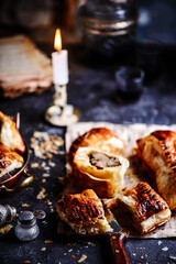 Chicken liver puff pastry hands pie .style rustic.