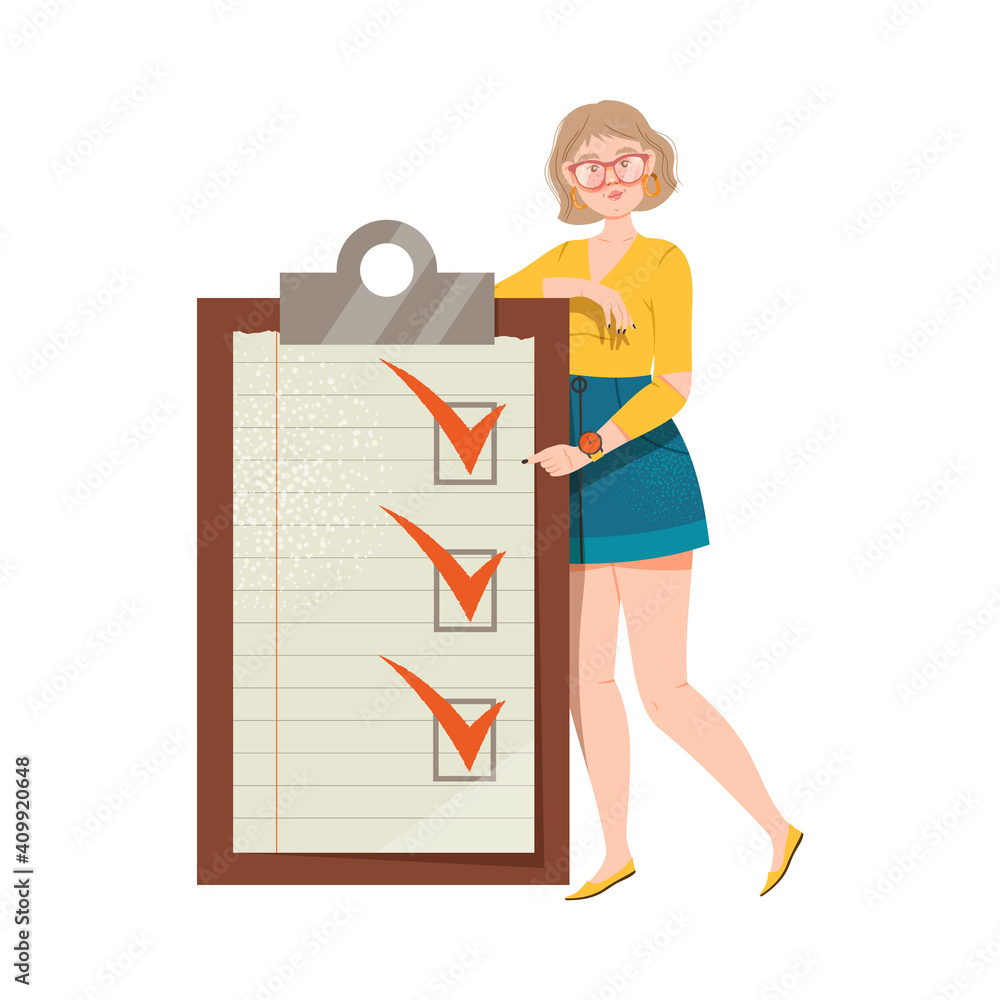 Poster young woman with checklist and marked checkbox as task completing vector illustration