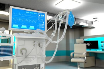 ICU artificial lung ventilator with fictive design in modern hospital with bokeh - fight 2019-ncov concept, medical 3D illustration