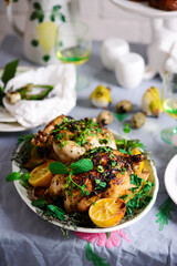 Easter chickens with herbs and lemon..style rustic