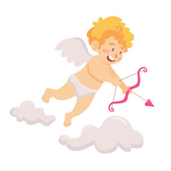 Cute cupid flying and aiming with arrows and bow vector illustration
