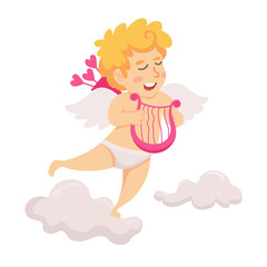 Cute cupid playing on harp isolated character vector illustration