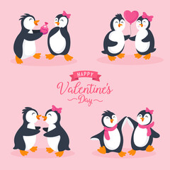 Valentine's day card vector illustration. Cute penguins couple character set in different poses