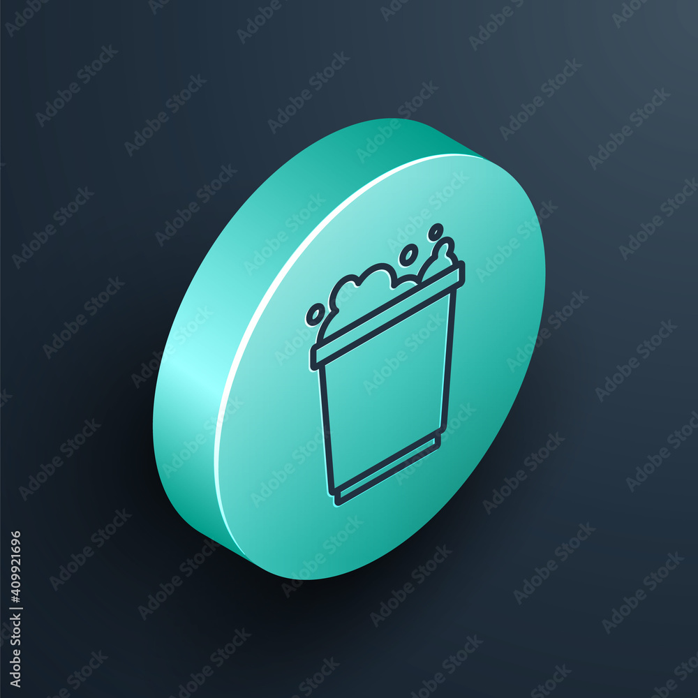 Poster isometric line bucket with foam and bubbles icon isolated on black background. cleaning service conc