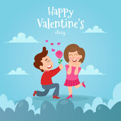 Valentine's day card vector illustration. man kneeling to his girlfriend