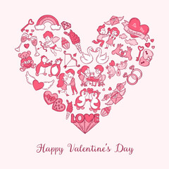 Valentine's Day greeting card with doodle icons and text