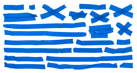 Blue insulating tape, various pieces different shapes of torn tape on white background high...
