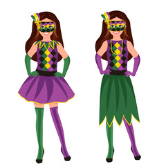 Beautiful girl with Mardi Gras mask and beads. Isolated on a white background. Vector Illustration.