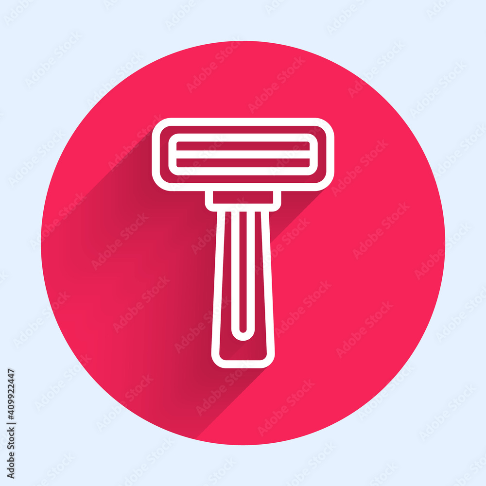 Poster white line shaving razor icon isolated with long shadow. red circle button. vector.