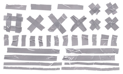Metal reinforced tape, set of scraps steel adhesive tape, strips, crosses and small pieces with aluminum reflex on white background
